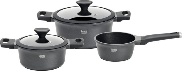 Gourmesto Kochtopfset Black Line Schwarz, 3-teilig mit Antihaftbeschichtung aus Aluminium und Glasdeckeln - Bild 1