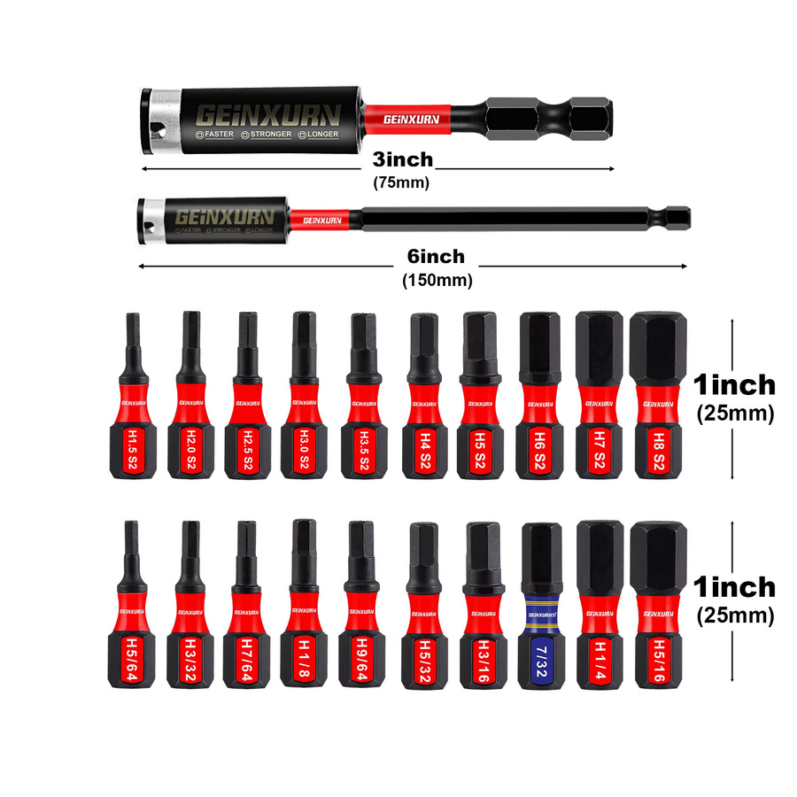 Geinxurn Sechskant-Schraubendreher-Bit-Set aus S2-Stahl mit 1-Zoll-Einsatz-Bits und Verlängerungs-Bithalter (metrisch und SAE) - Bild 2