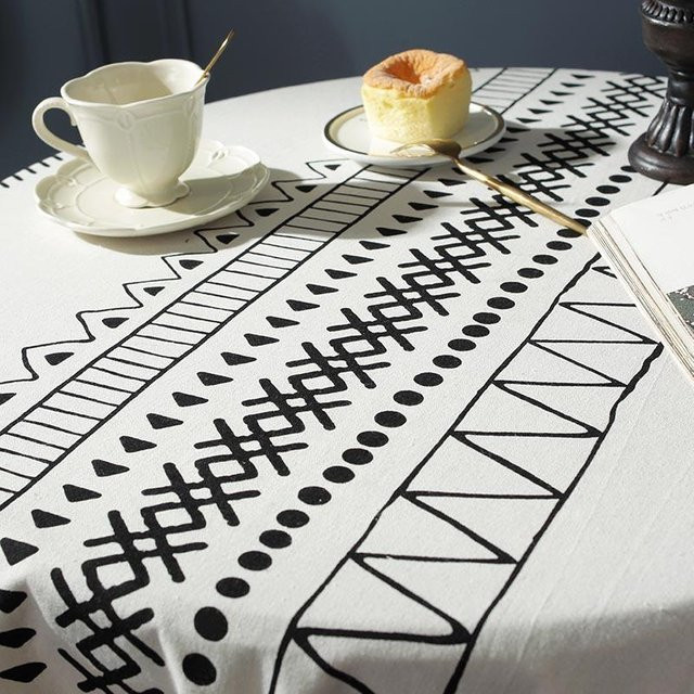 Böhmische Tischdecke Super Six mit geometrischem Druck und Quasten, rechteckige Baumwolltischdecke in Weiß, B/T: 100 x 140 cm - Bild 1