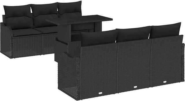 vidaXL Garten-Sofa-Set aus Polyrattan in Schwarz, 7-teiliges Set mit Kissen und Tisch, modern und wetterbeständig - Bild 1