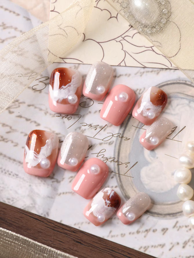 XEERCOOU Aufklebenägel, Rosa-Weiße Halation-Perlen, Glänzend, 10 Stück - Bild 3