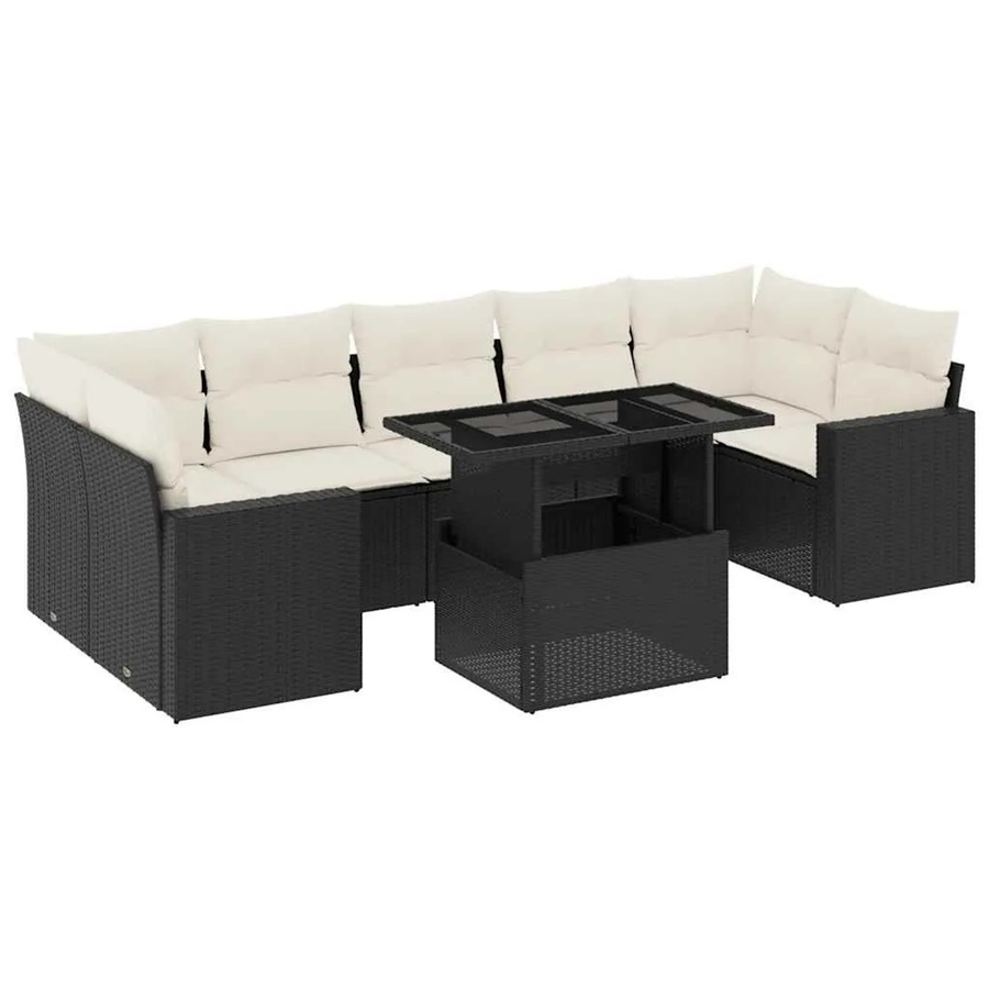 vidaXL 8-teilige Garten-Sofagarnitur in L-Form mit Kissen und Couchtisch, Schwarz, Poly Rattan und Metallrahmen - Bild 2