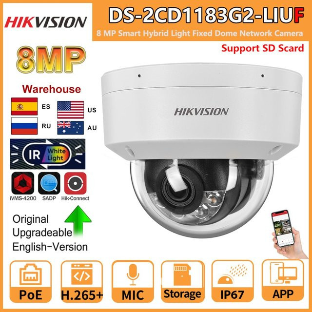 Hikvision DS-2CD1183G2-LIUF 8MP IP-Dome-Netzwerkkamera in Weiß mit integriertem Mikrofon, Dual-Light 4K Smart Hybrid Light und SD-Kartensteckplatz - Bild 1