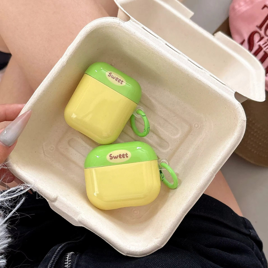 Glänzende Schutzhülle für Apple AirPods 1 2 3 4 Pro Pro 2 in Zitronengelb und Grün mit grünen Ringen - Bild 2