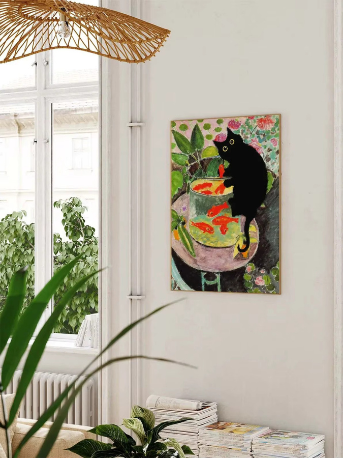 SHENCHEN Wandbild Matisse Goldfisch mit schwarzem Katzendruck und Blumen in rechteckiger Form - Bild 5