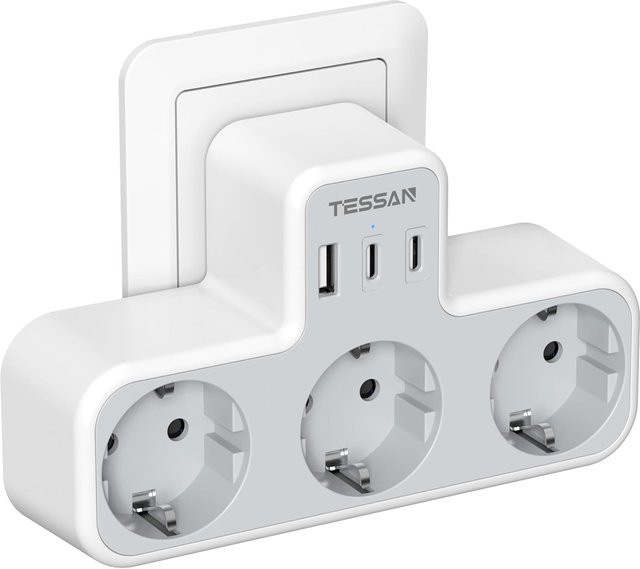 TESSAN 3-fach Steckdosenleiste in Grau mit 3 Steckdosen, 2 USB-C und 1 USB-A Anschluss für Zuhause und Büro - Bild 1