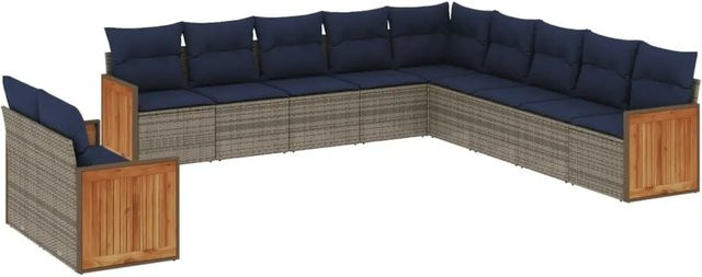 vidaXL 11-tlg Gartensofa-Set in U-Form mit Kissen, Grau und Blau, Polyrattan und Metallgestell - Bild 1