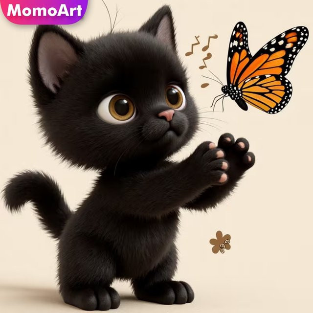 Momoart Diamant-Stickerei Schwarze Katze mit Schmetterling als DIY Handgemachtes Mosaik-Gemälde, Rund, Schwarz/Mehrfarbig, B/T/H: 20 x 20 x 20 cm - Bild 1