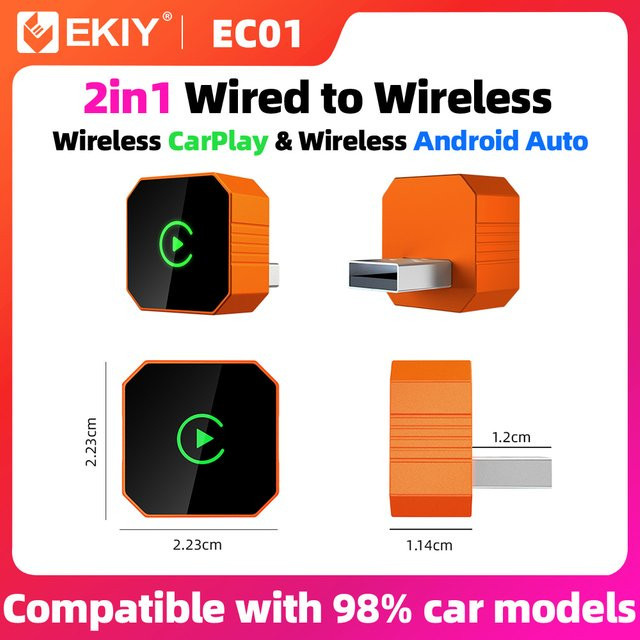 EKIY 2in1 Wireless CarPlay Dongle und Android Auto Adapter Smart AI Box für intelligente Autosysteme in Orange - Bild 1
