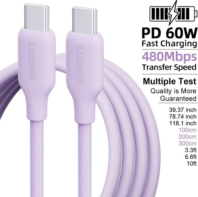 LAIHONEN USB-C zu USB-C Kabel 60W Schnellladung aus flexiblem Silikon in Pink oder Purple kompatibel mit iPhone 17 16 15 Pro Max iPad und Tablets - Bild 1