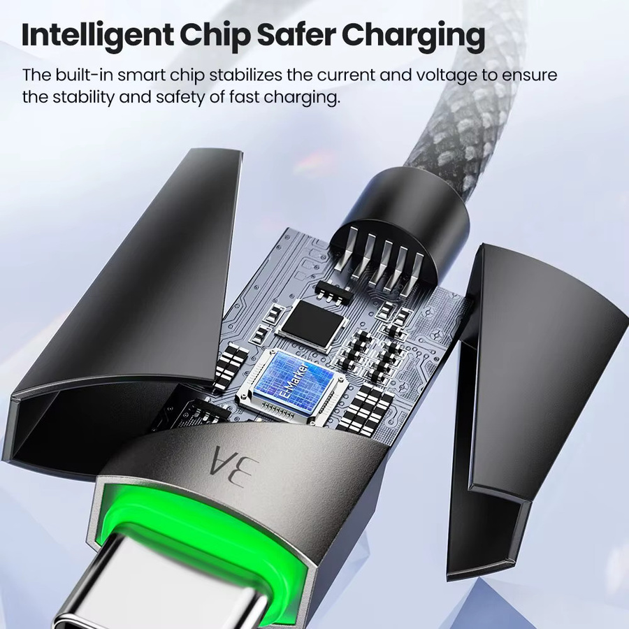 Toocki USB-A auf USB-C Schnellladekabel 60W mit Smart Power-Off für Xiaomi, Samsung, Huawei und LG, erhältlich in Schwarz oder Blau, Länge: 1m oder 2m - Bild 6