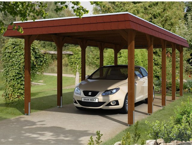 Skan Holz Carport Spreewald aus Nadelholz mit Aluminium-Dachplatten und Regenrinne, Farbe Nussbaum, B: 741 cm, T: 345 cm, H: 241 cm - Bild 1