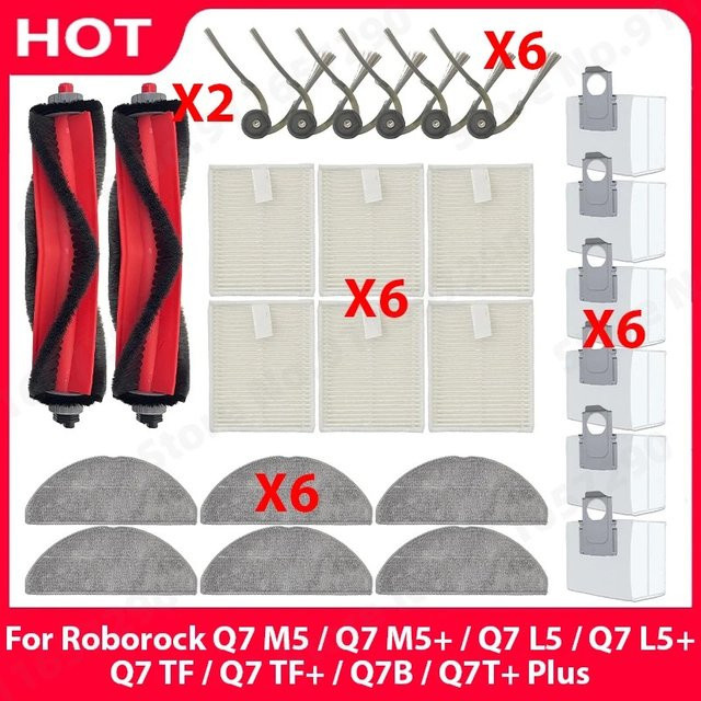 Roborock Ersatzteil-Set für Q7 M5, Q7 M5+, Q7 L5, Q7 L5+, Q7 TF, Q7 TF+, Q7B und Q7T+ Plus mit Hauptbürste, Filtern, Wischtüchern und Staubbeuteln - Bild 1