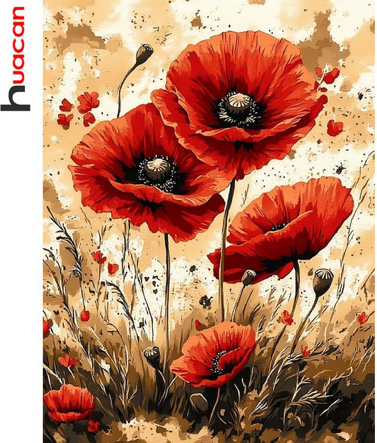 Huacan 5D-Diamantgemälde Mohnblume in Rot, rundes Stickerei-Set zur Wanddekoration - Bild 1