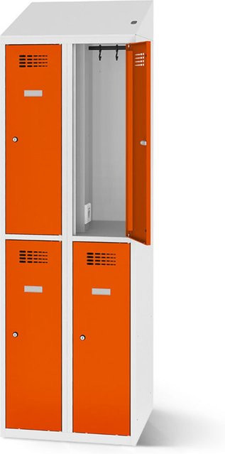 rotstahl Garderobenspind mit 4 Türen und Ladefunktion, Farbe Orange, Korpus Lichtgrau, B: 80 cm, H: 200 cm - Bild 1