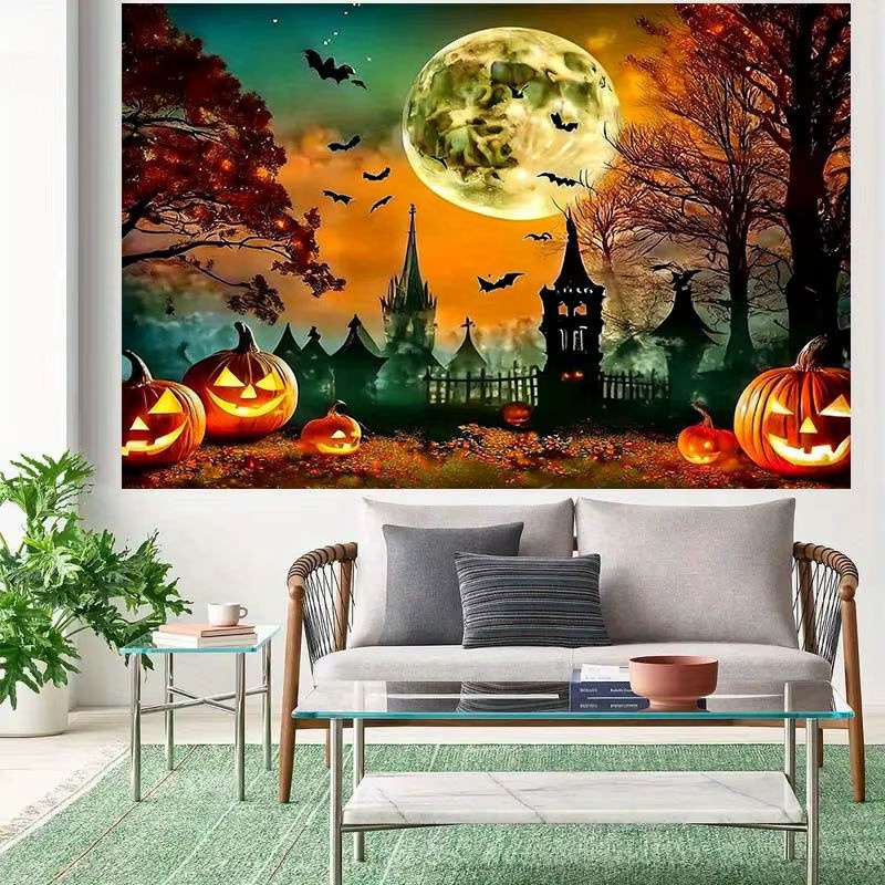 sjs Halloween 2D Hintergrund Dekoration mit Jack-O'-Lantern, Fledermäusen, Vollmond und Herbstbäumen, mehrfarbig, rechteckig - Bild 4