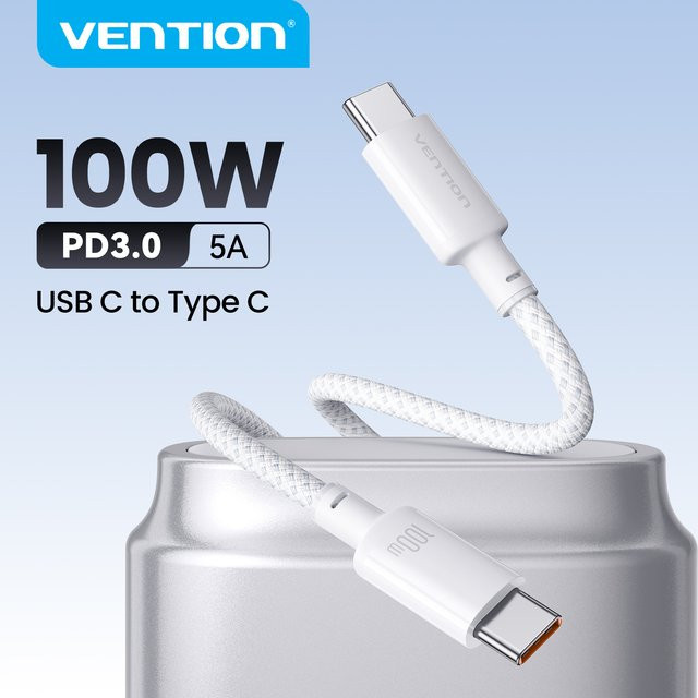 Vention 100W USB-C auf USB-C Kabel für schnelles Laden von iPhone, iPad und MacBook in Schwarz oder Weiß - Bild 1