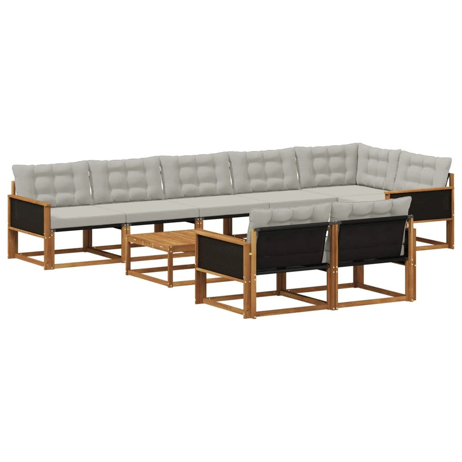 vidaXL Outdoor-Sofagarnitur in L-Form aus massivem Akazienholz mit 9 Textilene-Kissen in Natur und Hellgrau - Bild 2