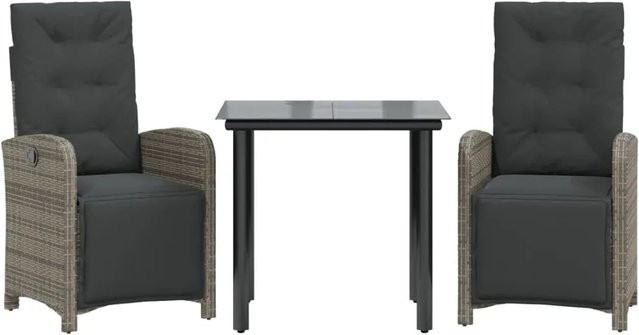 vidaXL 3-teiliges Bistro-Set aus Poly-Rattan in Grau mit Kissen und Glastisch für Garten, Balkon oder Hinterhof - Bild 1