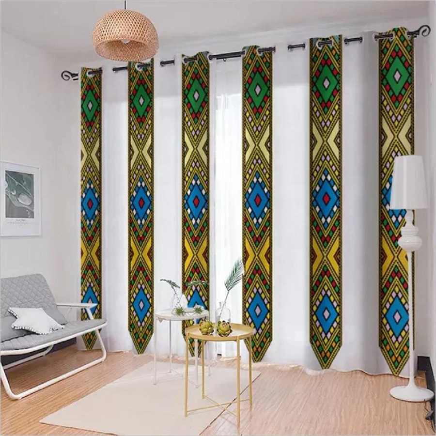 2er-Set traditionelle Vorhänge im äthiopisch-eritreischen Fliesendesign aus Polyester, halbtransparent, Mehrfarbig, B: 60 cm, H: 60 cm - Bild 2