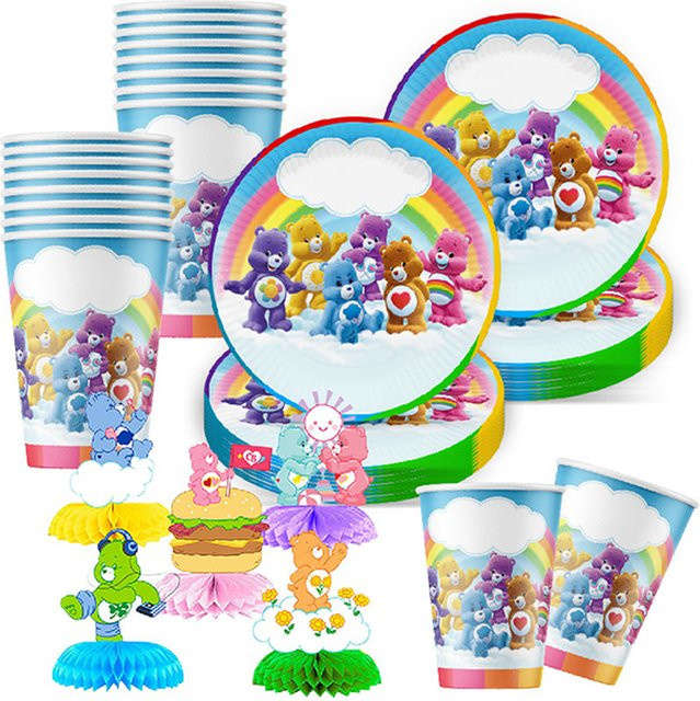 Care Bears Party-Dekorationsset mit Papptellern, Bechern, Waben, Spiralen, Aufklebern und Broschen in Multicolor im Cartoon-Stil - Bild 1