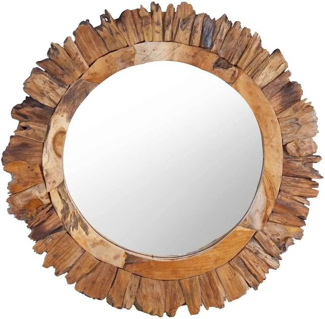 vidaXL Wandspiegel aus Teak-Massivholz in Braun, Rund mit Blütenblatt-Muster, Durchmesser: 60 cm - Bild 1