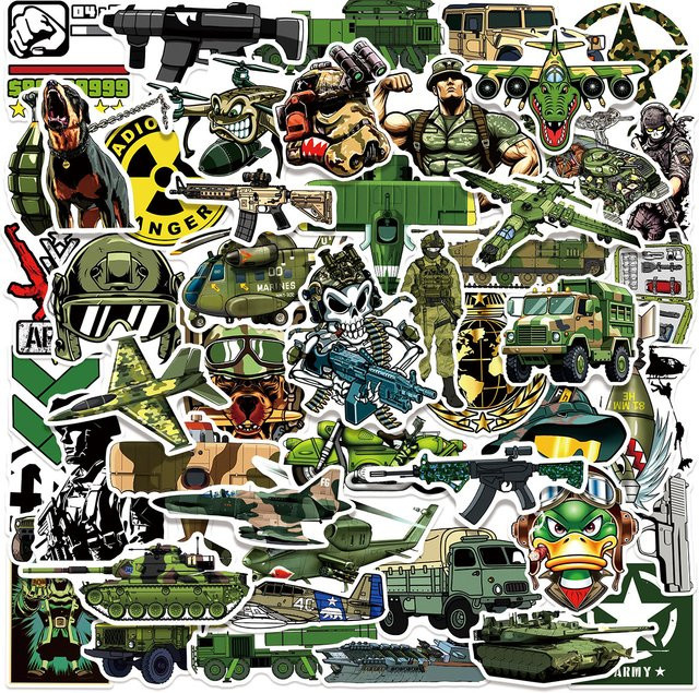 50 oder 100 Stück Cartoon Militärgeräte Aufkleber in Multicolour für Helm, Notebook und Outdoor-Ausrüstung - Bild 1
