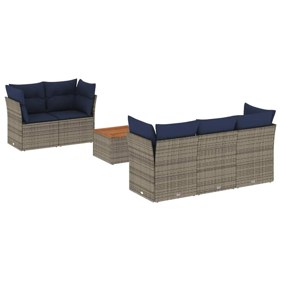 vidaXL 6-teilige Garten-Sofagarnitur aus Poly-Rattan und Akazienholz in Grau mit Kissen in Marineblau - Bild 2