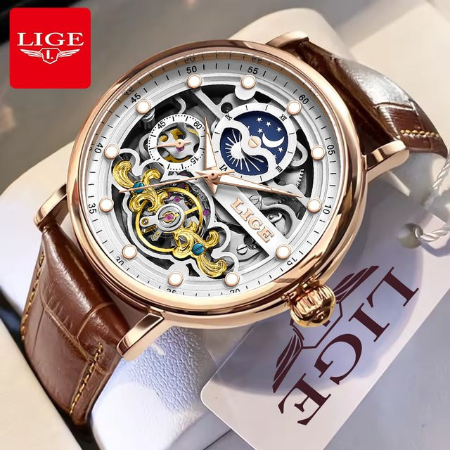 LIGE Armbanduhr Automatik, Mondphasen, Leder, Roségold, Herren - Bild 1