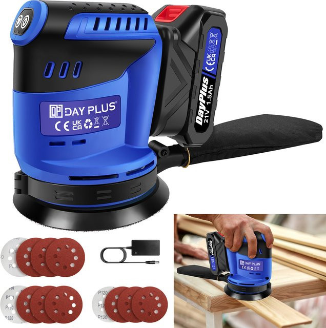 DayPlus Exzenterschleifer 3000 W mit 125 mm Schleifteller, 3 variable Geschwindigkeiten und Akkubetrieb, inklusive 12 Schleifpapier - Bild 1