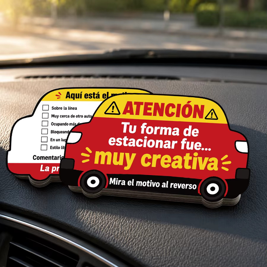 100 Stück Spanische Parkhinweiskarten in Auto-Form, doppelseitige humorvolle Warnhinweise für dein Fahrzeug, Mehrfarbig - Bild 3