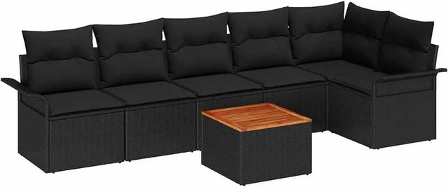 vidaXL 7-teiliges Garten-Sofa-Set aus Polyrattan und Akazie mit Kissen in Schwarz - Bild 1