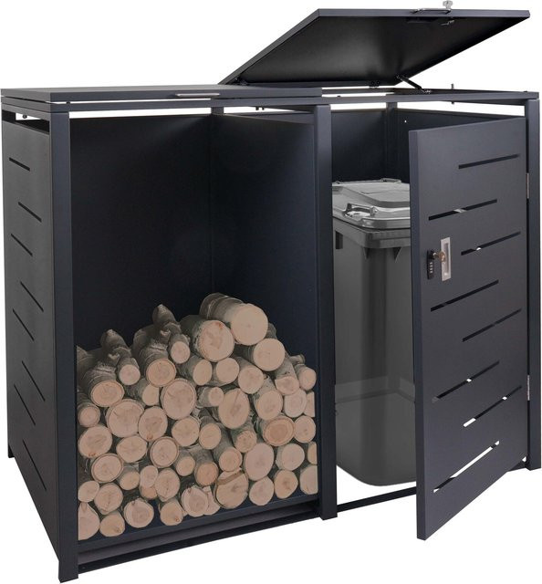 Mülltonnenverkleidung mit Brennholzregal MCW-E83 in Anthrazit aus Stahl, erweiterbar, B/T/H: 117 x 132 x 82 cm - Bild 1
