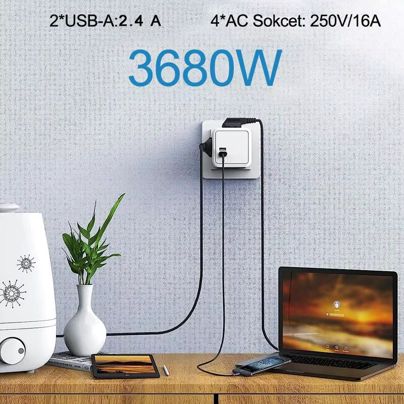 MASSFA Multi USB-Steckdosenleiste in Würfelform mit 4 EU-Steckdosen und 2 USB-A Anschlüssen, Weiß/Blau, 3680W - Bild 5
