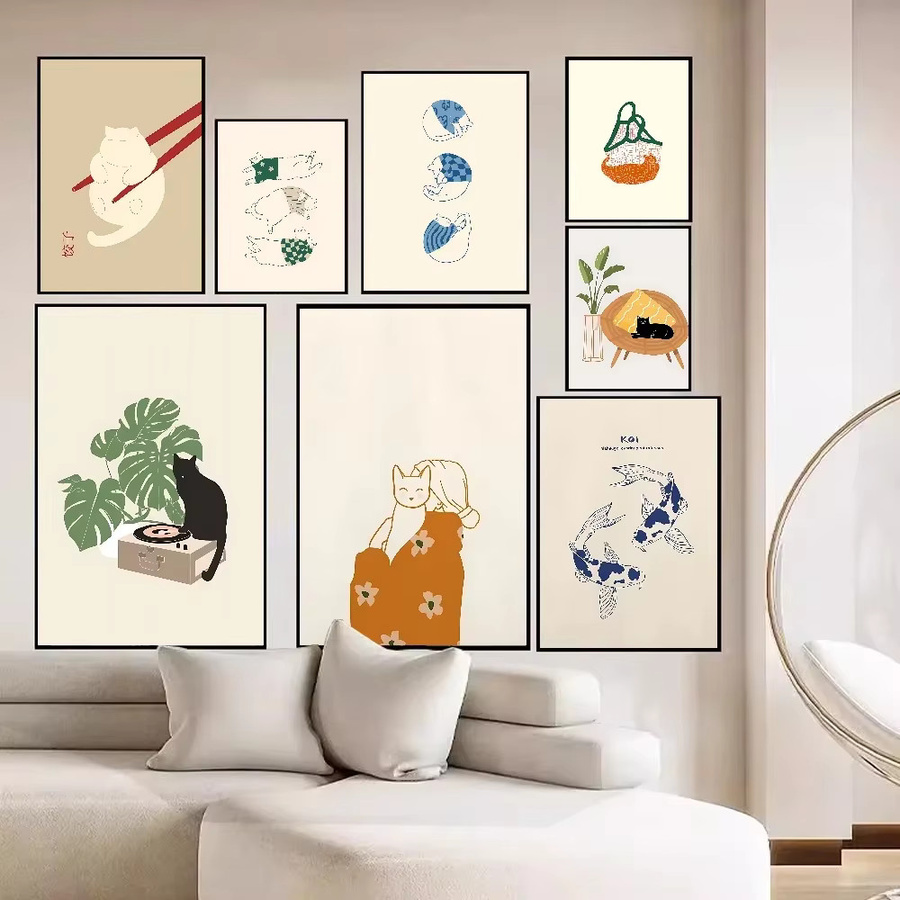 Abstraktes Anime-Poster mit lustiger Katzenillustration als Wandkunst in Mehrfarben - Bild 2