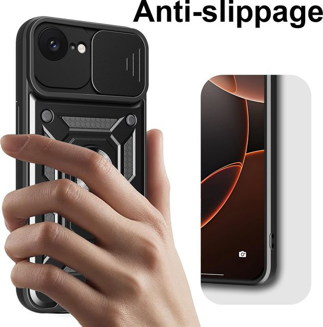 Magnetische Schutzhülle für iPhone 16E und SE4 mit Kamera-Schutz und Ring-Ständer in Schwarz - Bild 1