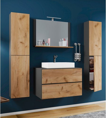 VCM Badmöbel Set Lendas 5-teilig mit Waschbecken aus Keramik in Grau, Weiß und Anthrazit mit Eiche-Optik, B/H/T: 60 x 52 x 52 cm - Bild 1