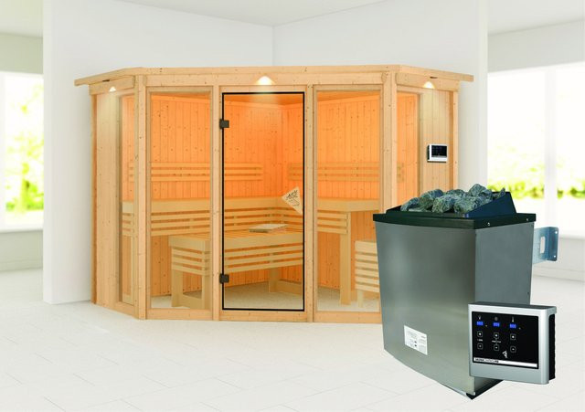 Karibu Sauna Anea 2 in Natur mit 9,0 kW Ofen, externem Steuergerät und LED-Dachkranz, B/T/H: 231 x 231 x 198 cm - Bild 1
