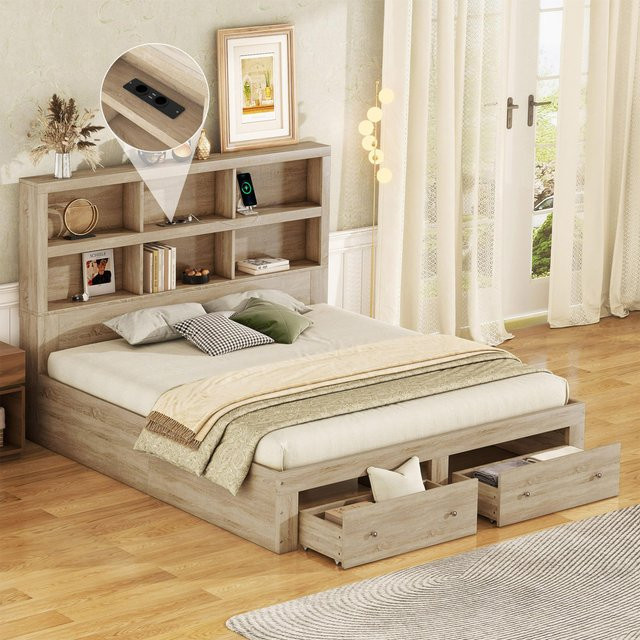 Flieks Doppelbett aus Holz in Grün mit Stauraum und 2 Schubladen, Funktionsbett mit Ablagefach und Lattenrost, H x B x T: 125 x 219 x 163 cm - Bild 1