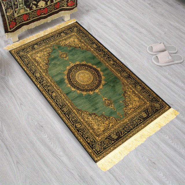 VIKAMA Muslimischer Gebetsteppich mit orientalischem Muster in Grün-Gold, rutschfeste Salah-Matte für zu Hause und unterwegs - Bild 1