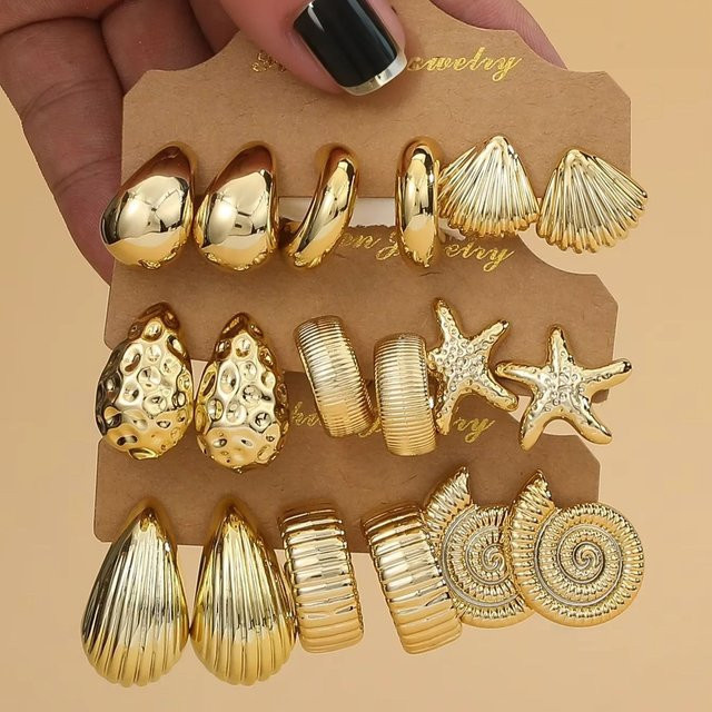 Fishsheep Ohrringe Set, Gold, Seestern, Muschel, Wassertropfen, C-förmig - Bild 1