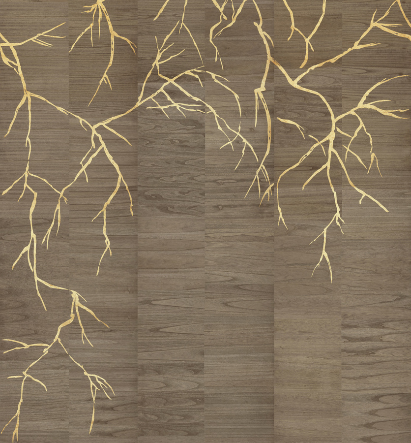 Omexco Mural Bright LAN271 Wandtapete mit Holzfurnier in Gold, Silber und Braun im abstrakten Design und Holzoptik - Bild 1