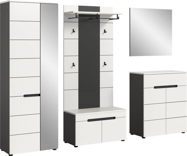 Inn.Furn Garderoben-Set Cooper 5-teilig in Weiß und Grau mit Spiegel, Bank und Schuhschrank, Breite: 255 cm - Bild 1