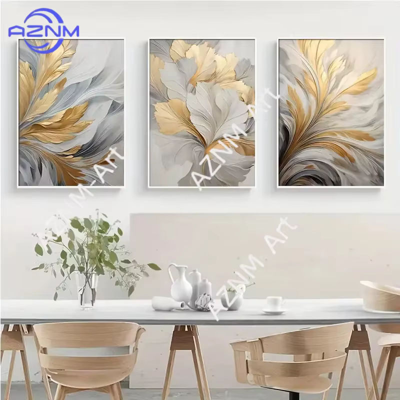 Potdemiel Wandkunst Leinwanddruck mit floralem Blätter-Motiv in Gold und Weiß, Luxus-Gemälde für Wohnzimmer, Schlafzimmer oder Büro - Bild 2
