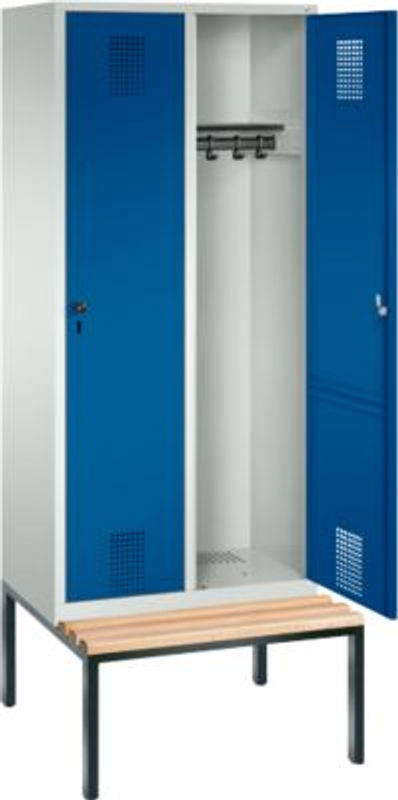 C + P Garderobenspind Evolo S 3000 aus Stahl mit integrierter Sitzbank, 2 Abteile mit Breite: 40 cm pro Fach, Sicherheitsdrehriegelverschluss, Farbe: lichtgrau RAL 7035 und enzianblau RAL 5010 - Bild 3