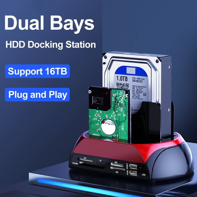Kebidu 10-in-1 Externe Festplatten Dockingstation mit USB 3.0, IDE und SATA Dual Bay, One Touch Backup, Kartenleser und USB-C, Schwarz - Bild 1