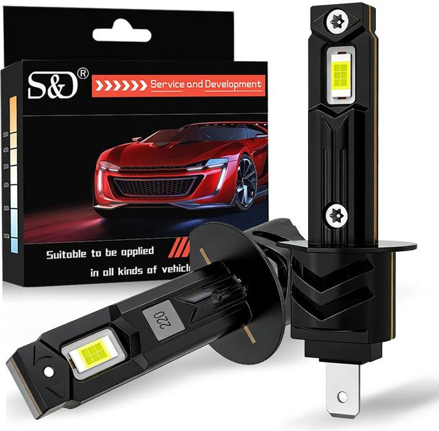 2 Stück H1 LED Scheinwerferlampen Canbus Turbo Mini Leuchten mit Lüfter, 25000LM, 50W, 6500K Cool White, 12V, Schwarz - Bild 1