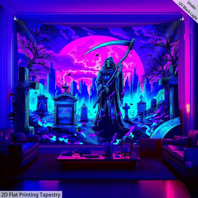 VIKAMA Wandteppich Sensenmann Friedhof Dekoration für Halloween und Escape Rooms, Mehrfarbig, B: 75 cm, H: 58 cm - Bild 1