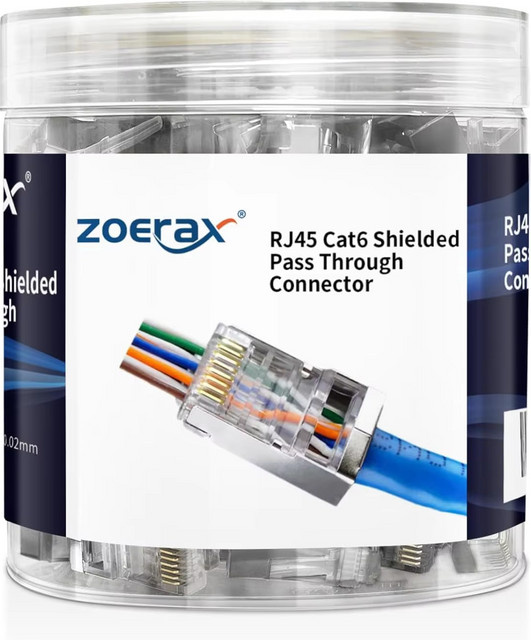 ZoeRax 100 Stück abgeschirmte RJ45 CAT5 CAT6 Pass-Through-Steckverbinder, vergoldete Ethernet-Stecker 8P8C für LAN-Verbindungen - Bild 1