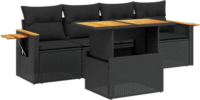 vidaXL 5-teilige Garten-Sofagarnitur aus Polyrattan in Schwarz mit Kissen und Tisch - Bild 1